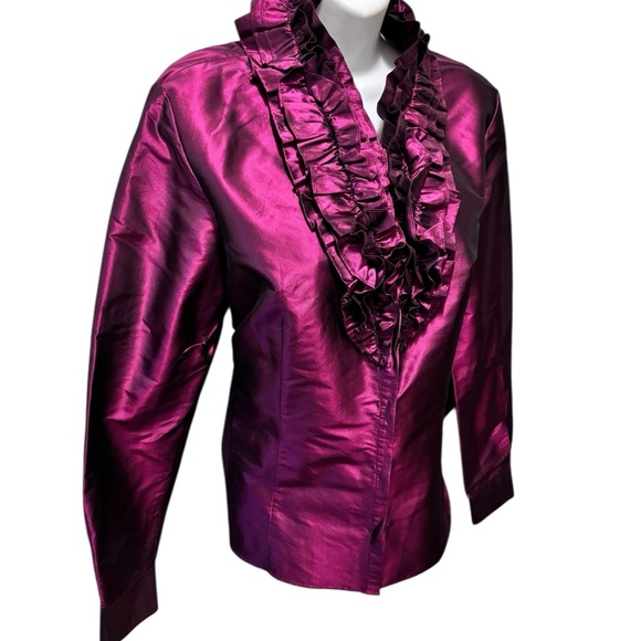 Lafayette 148 New York 100% Silk Taffeta Ruffle Blouse 12 Iridescent Purple - Picture 3 of 7